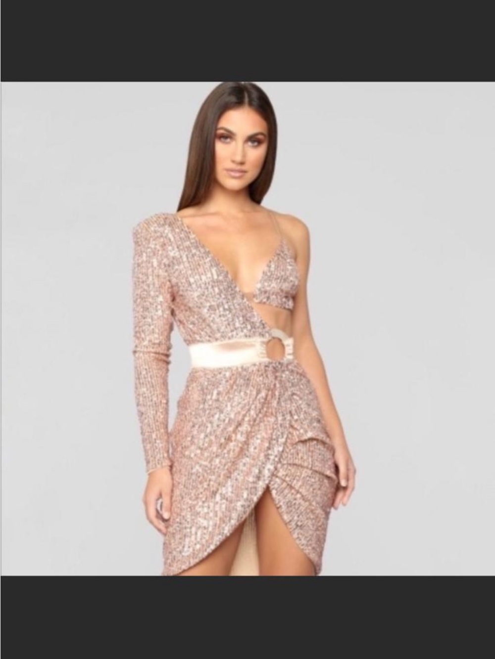 Fashion Nova One-Shoulder Rose Gold Sequin Mini Dress. New with Tags